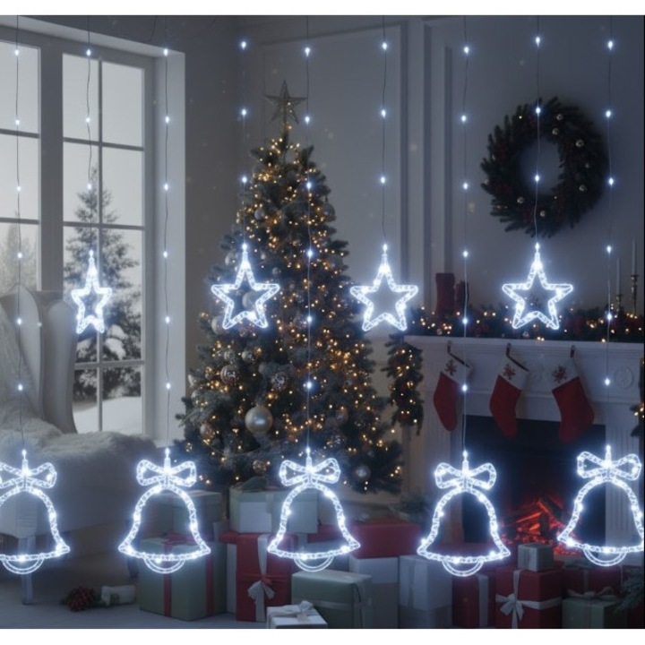 Instalatie Craciun decorativa cu forme 3D (stea, clopotel), 3m, LED-uri cu lumina alba, Alimentare la priza