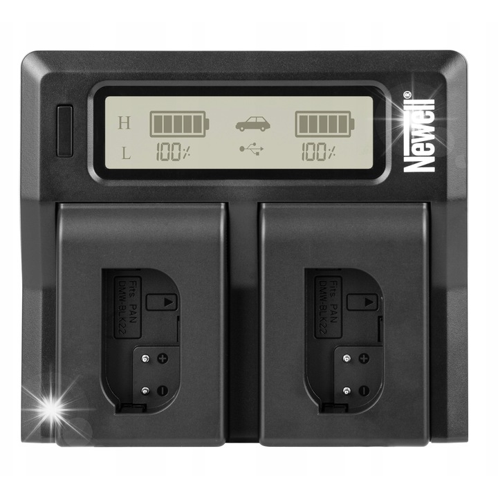 Newell DC-LCD kettős töltő DMW-BLK22 akkumulátorokhoz, 12,5x11x4,3cm, 2 csatornás, USB