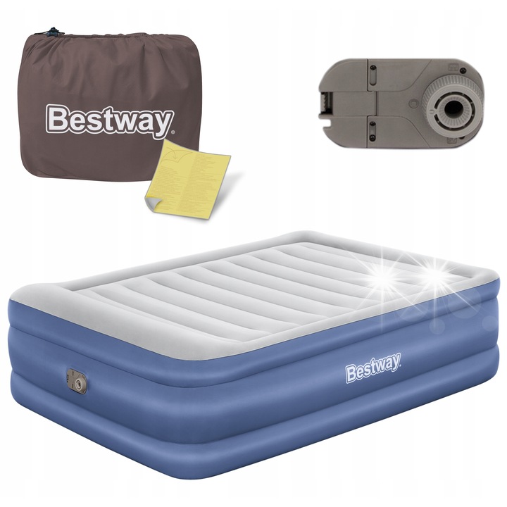 Двоен надуваем матрак Bestway с вградена помпа, 203x152x61см, PVC материал, велур