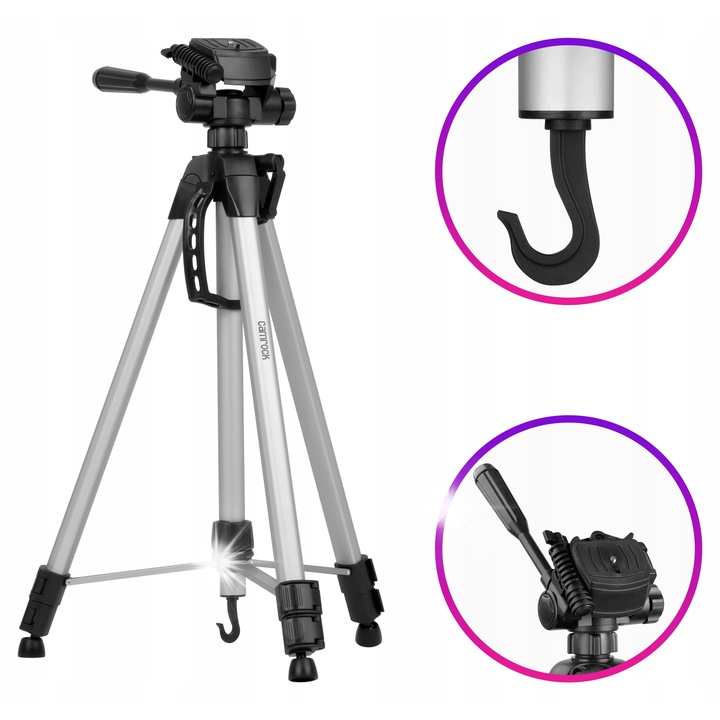 Статив Camrock TE68, 3 секции, максимална височина 163 см, сребрист/черен цвят, с включен калъф