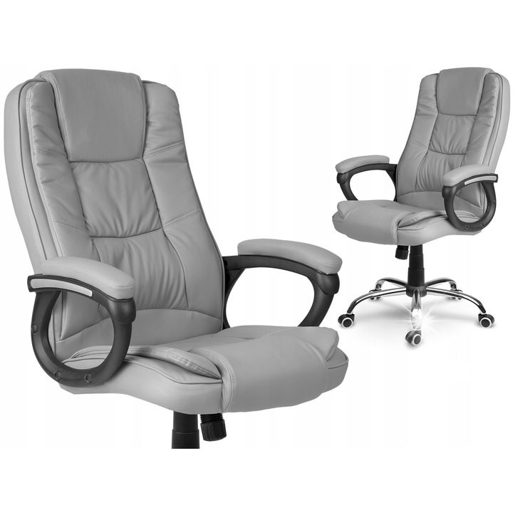 Irodai szék Sofotel, kellemes anyagú kárpitozással, szürke színben, méretei 125x60x55cm, állítható karfákkal.