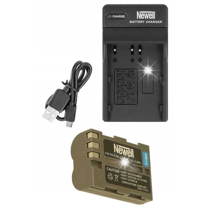 Set incarcator USB / acumulator Newell, EN-EL3E, 1600 mAh, 7.4 V, compatibil Nikon D300/ D300s/ D200/ D100/ D90