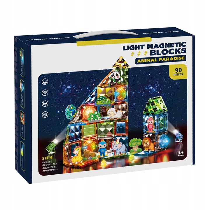 Магнитен конструктор click4TOYS, 90 елемента, животни, LED светлинни ефекти, многоцветен