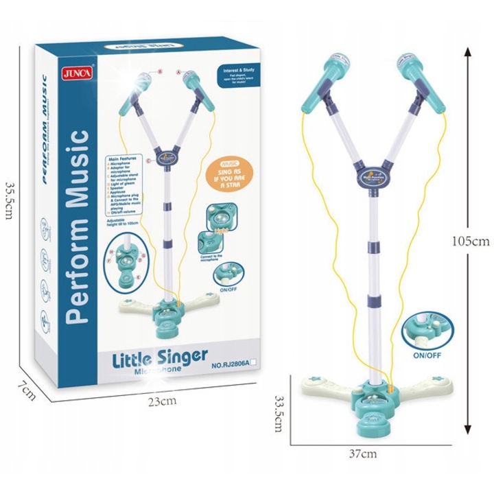 Karaoke szett gyerekeknek, állvány, 2 mikrofon, dupla állvány, LED fényhatások, 67-105 cm