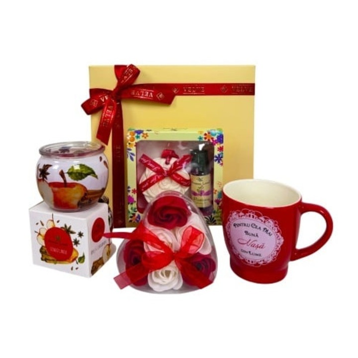 Pachet Pure Love pentru cea mai buna nasa, cu cana personalizata, lumanare parfumata, trandafiri de sapun si set aromatic, in cutie cadou, Velve