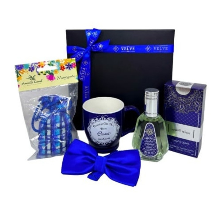 Pachet Pure Love pentru cel mai bun bunic, cu parfum, cana personalizata, papion si odorizant auto, in cutie cadou, Velve