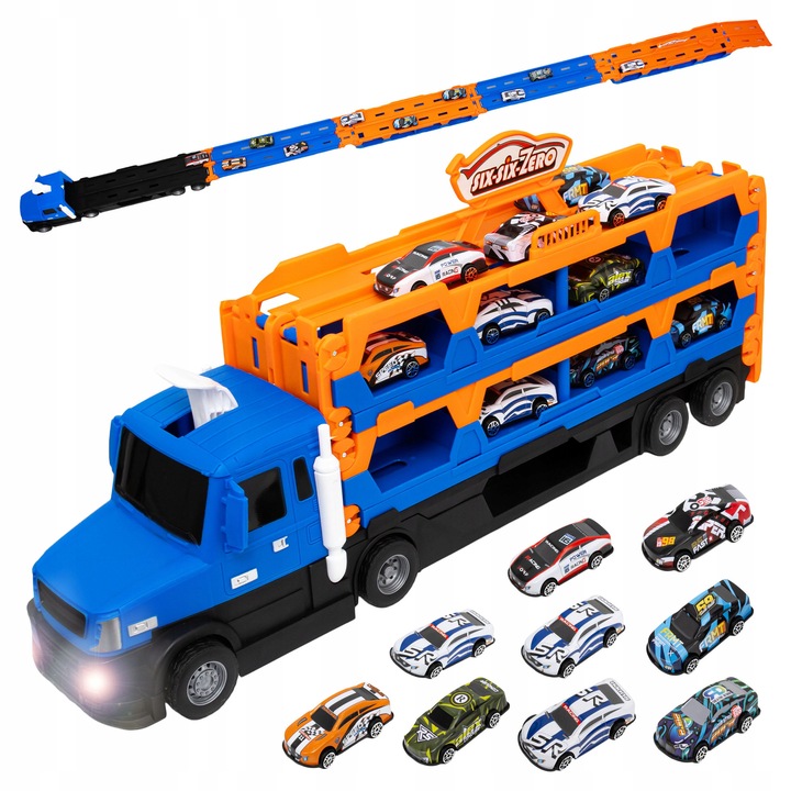 Камион с изстрелвачка, click4TOYS, 3 в 1, 10 колички, 211x5,5x12см