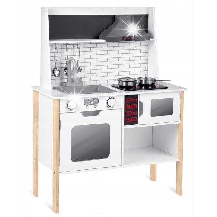 Bucatarie din lemn pentru copii Ricokids, interactiva, cu LED, 95x70x29,5cm, set complet