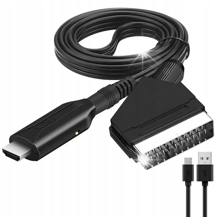 Кабел-конвертор SCART към HDMI, 1м, резолюция 720p/1080p, захранване MicroUSB 80см