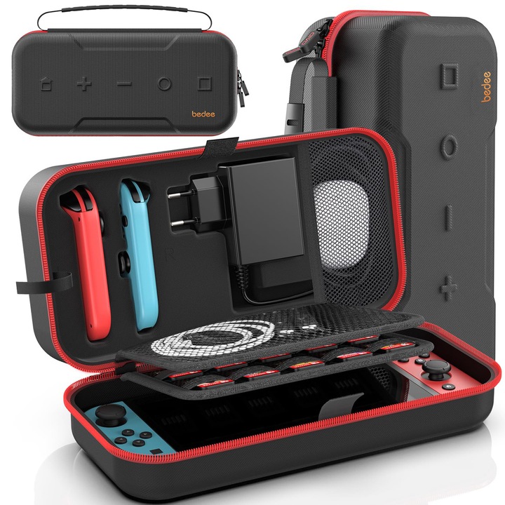 Husa de transport pentru Nintendo Switch/Switch OLED, Bedee®, carcasa rigida de protectie, Potriveste manere si adaptoare Joy-Con cu 20 de carduri de jocuri, husa portabila versatila de calatorie, EVA, usoara si capacitate mare, Negru
