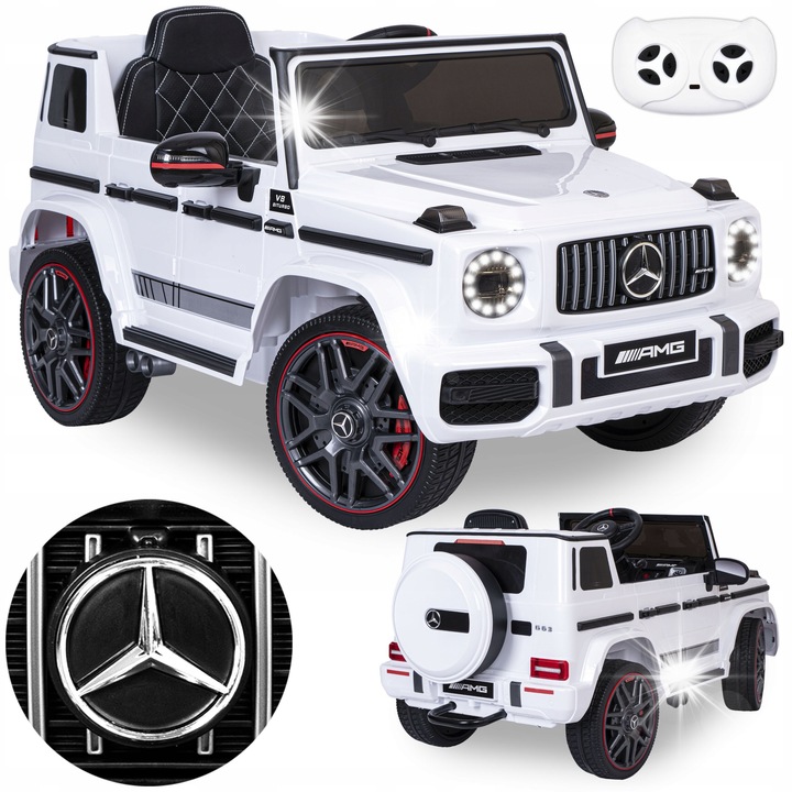 Elektromos kisautó gyerekeknek, Mercedes AMG G63, fehér, távirányítóval, öko-bőr ülések, 110x54x54cm