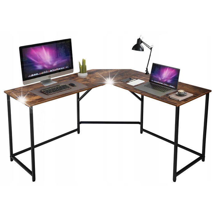 Birou coltar Braga Rustic, 150x150 cm, metal negru, blat postarzat, stil loft, set