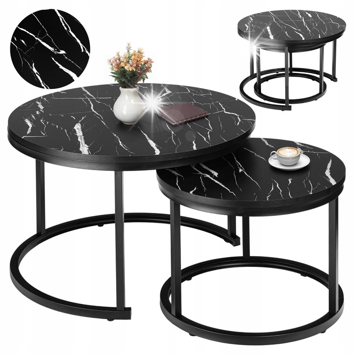Комплект маси за кафе Galen, модерен дизайн, матово черно/мрамор, 70x70см и 50x50см