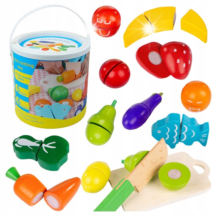 Комплект дървени играчки за рязане, click4toys, модел плодове и зеленчуци, с нож и дъска за рязане, 2+ години, многоцветен