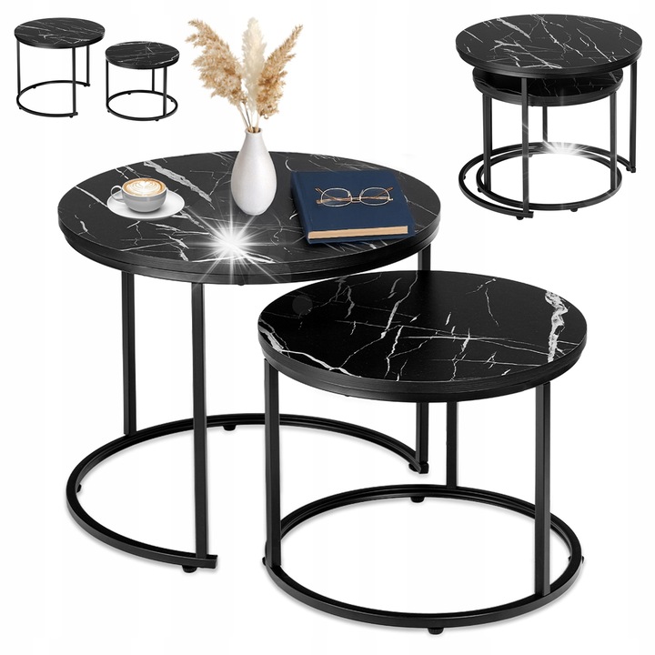 Set mese rotunde Galen Small, negru marmura, 2 piese, dimensiuni 53x45cm si 43x35cm