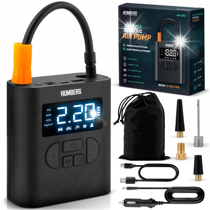 Mini compresor electric Humberg, 6000mAh, fara fir, cu lanterna, set complet