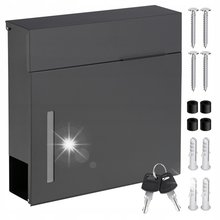 Cutie postala Jerez, antracit, cu gazetnik, 34,5x36x9cm, set complet cu 2 chei si accesorii de montaj