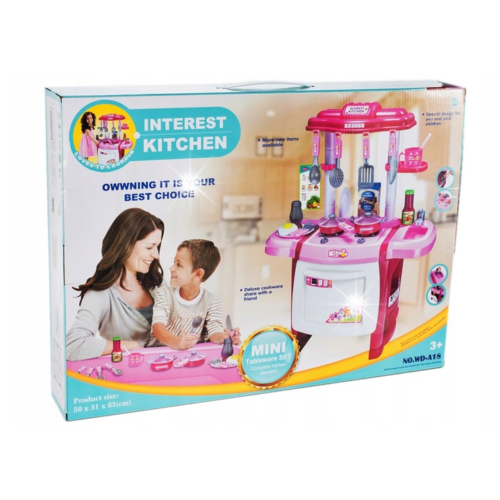 Bucatarie pentru copii MalPlay, roz, cu cuptor si accesorii, 52x36x62cm, set complet