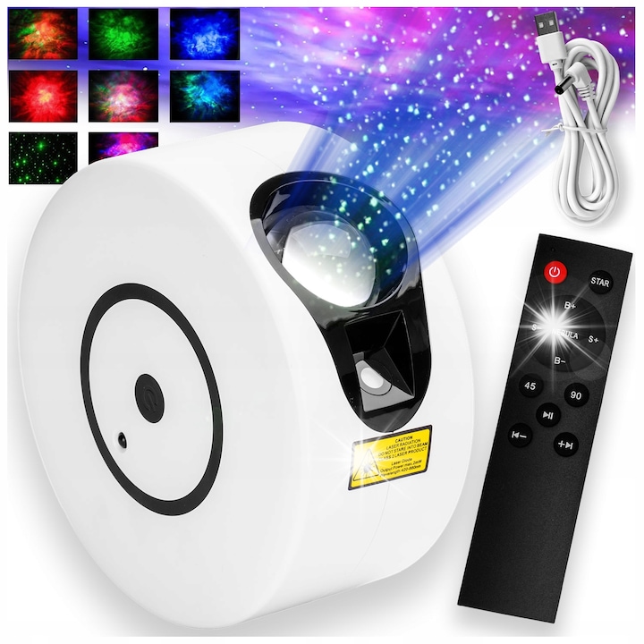 Lampa de veghe copii GMM Group, proiector stele, alb, 228x113x120mm, cu Bluetooth si telecomanda