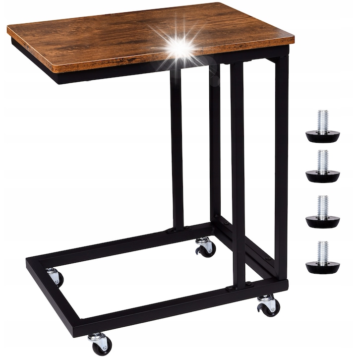 Мобилна маса LoftInspired, черна с плот от винтидж дъбово дърво, 50x35 см, височина 61 см с колелца