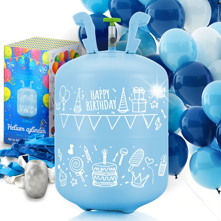 Party szett: Hélium palack 0,20m3 + 30 fehér, kék és gránátvörös lufi, 40m szalag, RicoKids