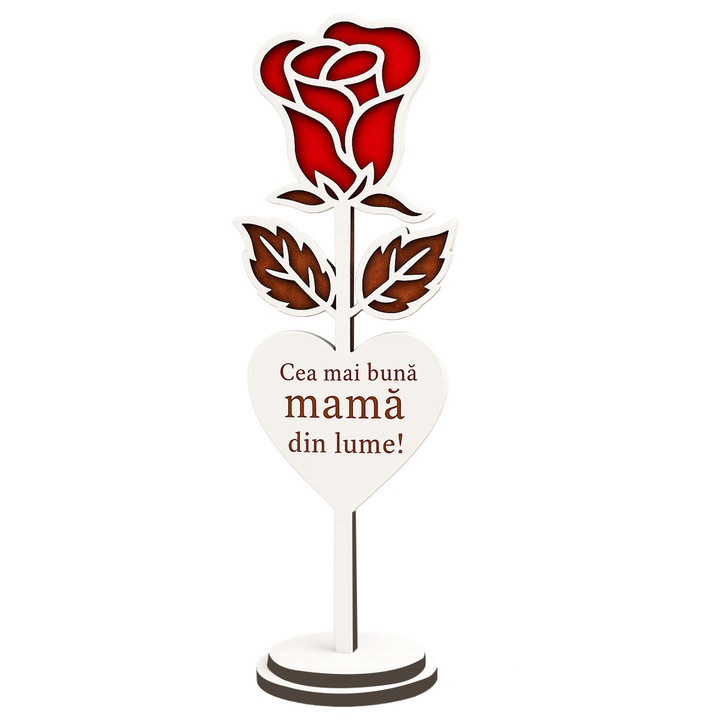 Подарък JOYSTOS, Дървена роза със сърце – Най-добрата майка на света – Декорация 17 см, Специален подарък за мама