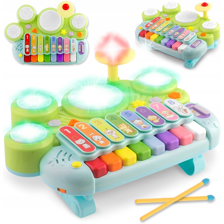 Játék hangszer, RicoKids, xilofon és ütőhangszer, interaktív, 2 az 1-ben, többszínű, 18 hónap+