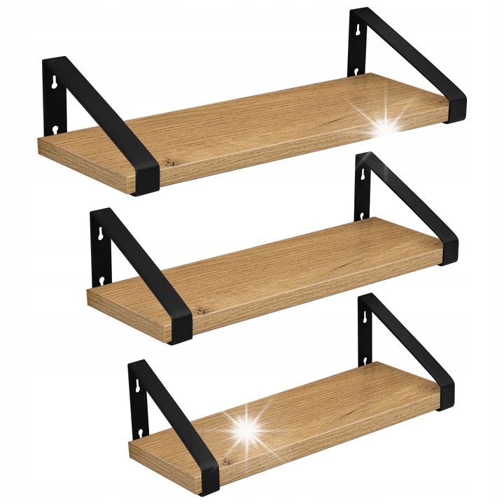 Set rafturi LoftInspired, 3 bucati, design minimalist, culoare natur/negru mat, dimensiuni variate