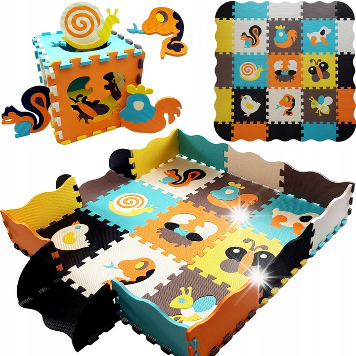 Пъзел килим от пяна, Ultimar, с фигурки на животни и насекоми, многоцветен, 115x115см