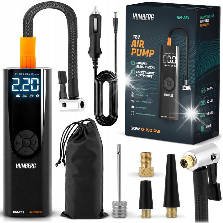 Mini compresor portabil Humberg, fara fir, 4 moduri programabile, cu lanterna, 12V, 10L/min