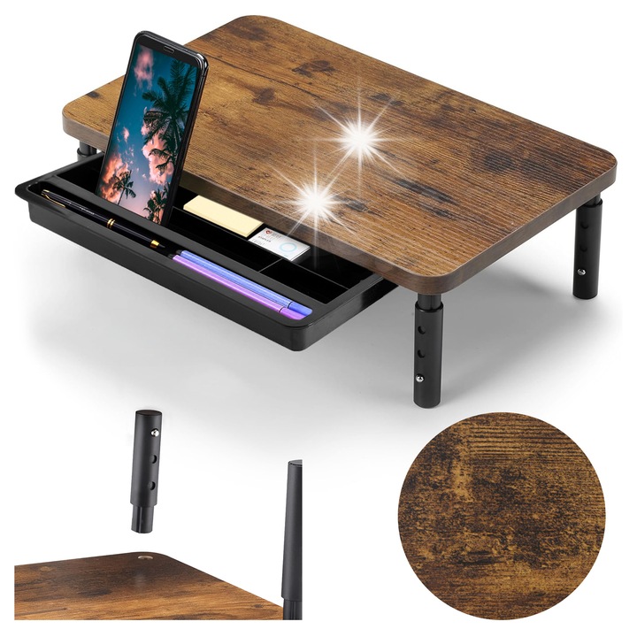 Suport laptop GMM Group, reglabil, cu sertar, culoare stejar invechit, dimensiuni 37x23,5cm