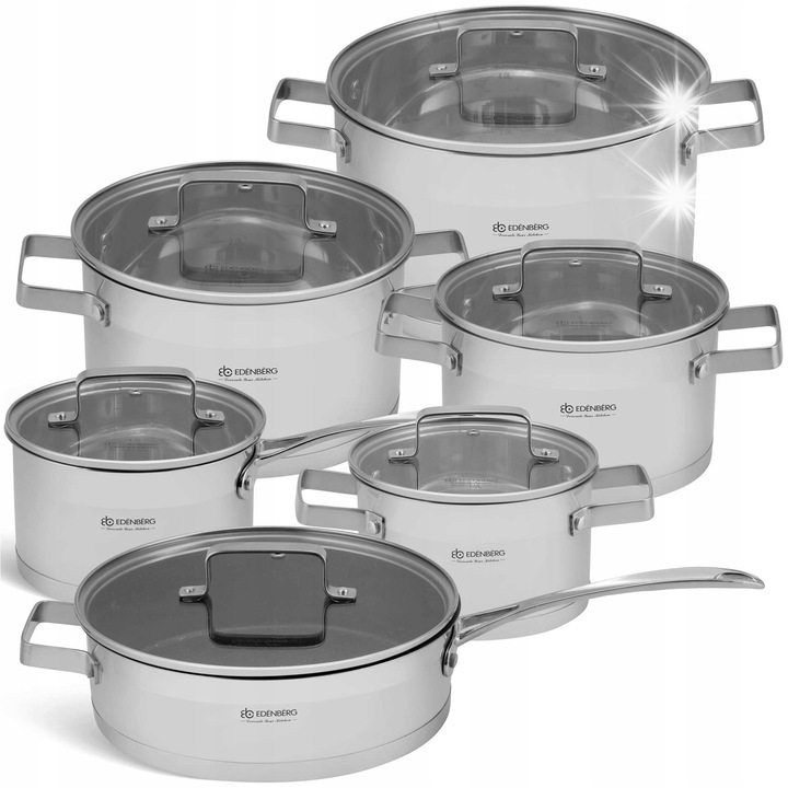 Edenberg inox edénykészlet 12 részes, 6.1L, 3.6L, 2.7L, 1.9L, 16x24cm, edzett üveg, tapadásmentes