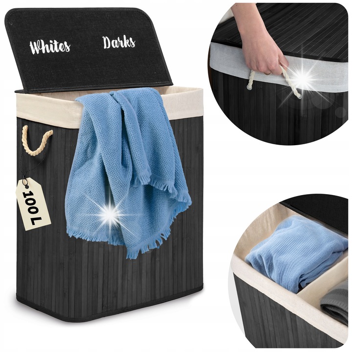 Cos de rufe din bambus Massido, 2 compartimente, 100l, 61x54x34cm, natural