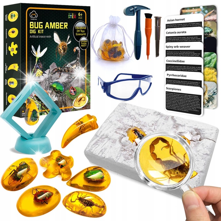 Set de excavatie pentru copii, Ultimar, 6 fosile de insecte in chihlimbar, lupa inclusa, 22x5,5x19,5cm