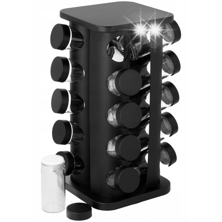Suport rotativ pentru condimente Brunbeste, 20 borcane din sticla, inox, 100 ml, dimensiuni 18,8x27cm