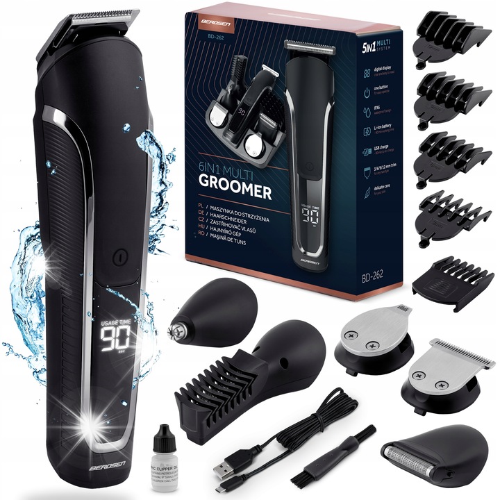 Set aparat de tuns 6w1 Berdsen BD-263, 6 capete, acumulator Li-Ion, incarcare USB-C, waterproof
