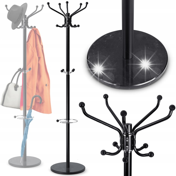 Cuiere cu baza din marmura, Massido, 6 carlige pentru haine, 4 carlige pentru umbrele, 176x20cm, negru