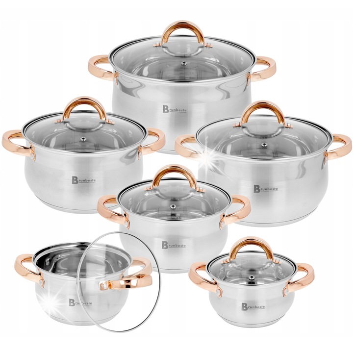 Brunbeste edénykészlet, rozsdamentes acél, 12 darabos, 5 rétegű, üvegfedővel, változatos méretek.