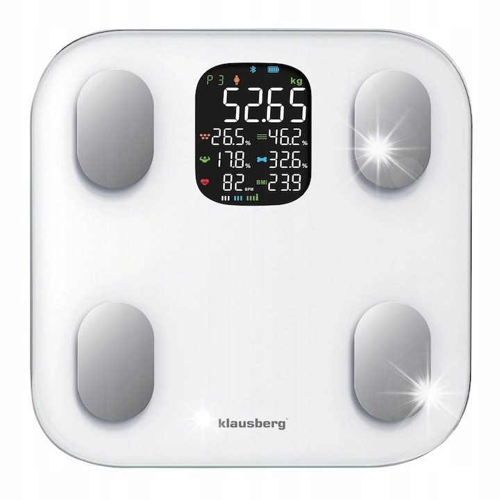 Електронен кантар за тяло Klausberg, анализ на телесния състав, бял, с цветен дисплей