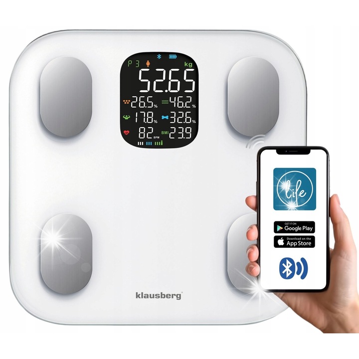 Кантар за баня Klausberg KB-7855, анализ на тялото, Bluetooth, 180кг, бял