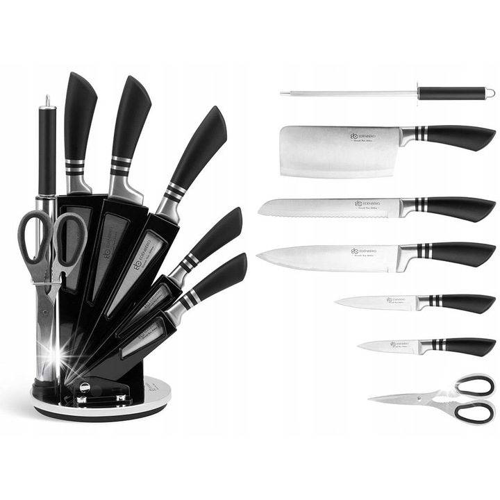 Set de cutite Edenberg EB 941, 5 cutite din otel inoxidabil, suport rotativ, negru, 33x20cm