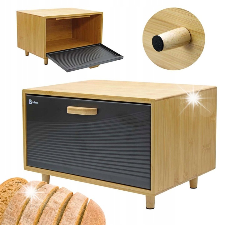Cutie alimentara Brunbeste, chlebak din bambus, capac metalic negru, dimensiuni 35,5x20x21,5cm