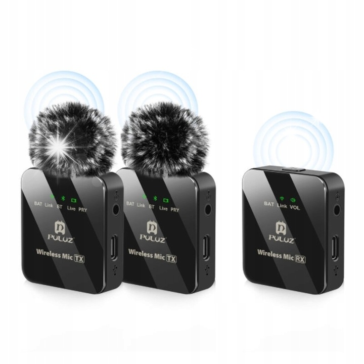 Microfon wireless Puluz PU3154B, 2x transmitator, receptor USB-C, 4,7x4,3x1,3cm, set complet
