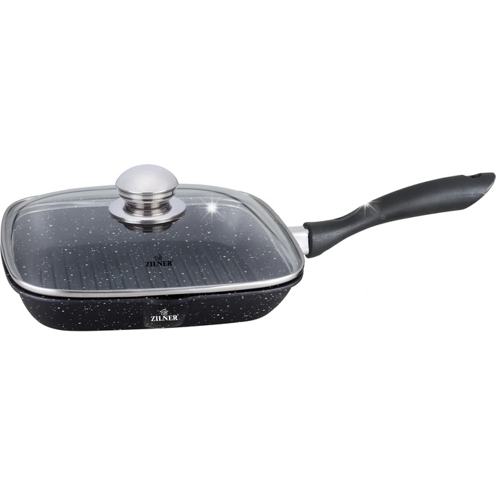 Tigaie grill ceramica-marmura Zilner 28cm, gri, rezistenta la temperaturi ridicate