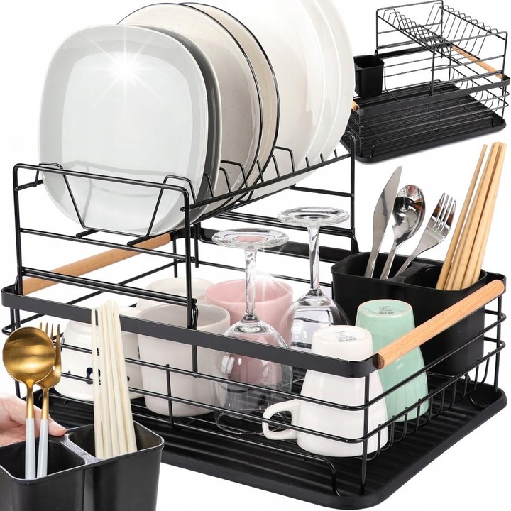 Scurgator vase metalic cu doua niveluri, Brunbeste, negru, 43x32x27cm, set cu suport pentru tacamuri