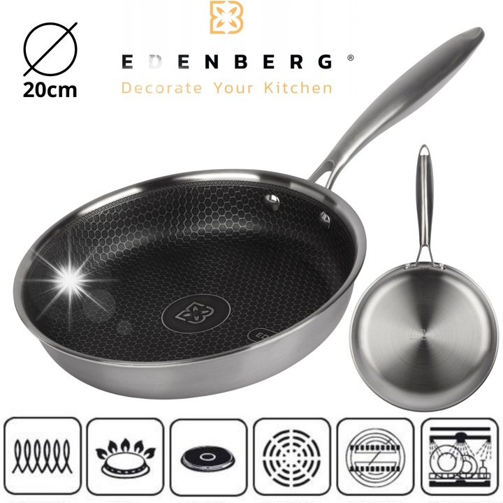 Tigaie Edenberg 20cm, inox, neaderenta, tehnologie plasa de miere