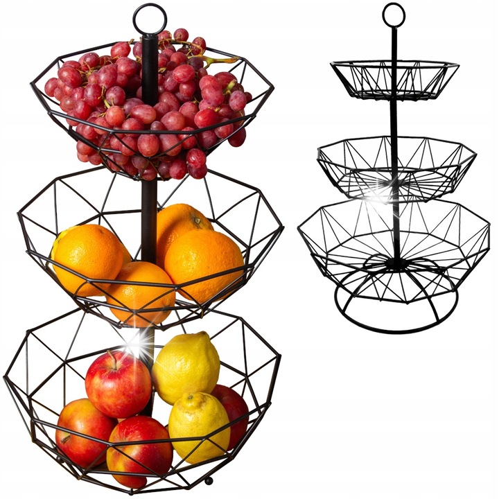 Organizator metalic pentru fructe si legume, Brunbeste, 3 niveluri, negru, 39x24x18,5cm