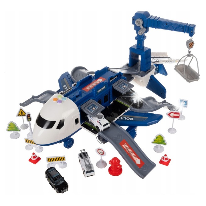 Set avion pentru copii, Iso Trade, parcare politie cu macara mobila, multicolor