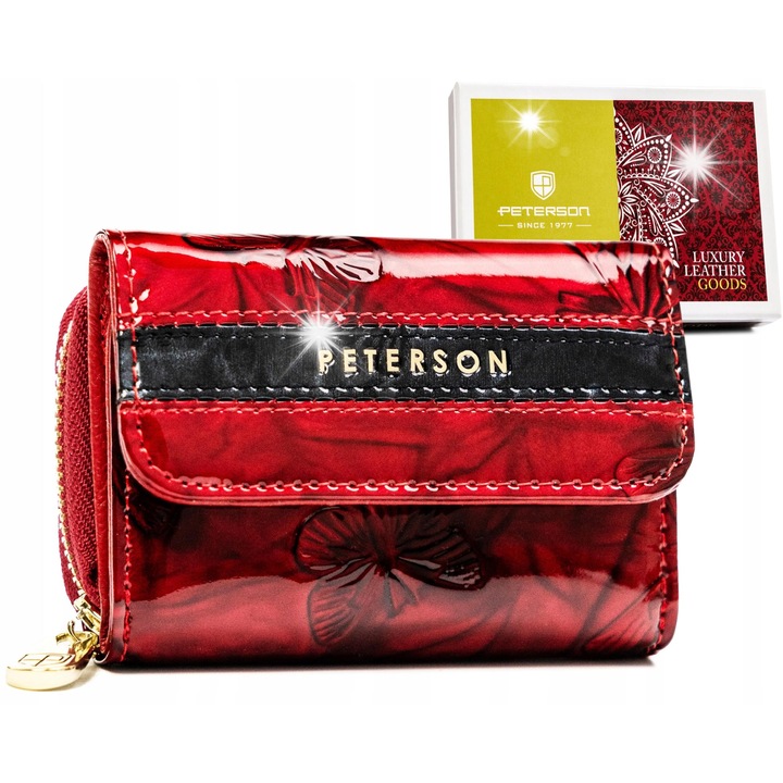 Portofel dama din piele naturala Peterson, rosu/negru, cu protectie RFID, dimensiuni 7x9,5x3cm, cu fluturi