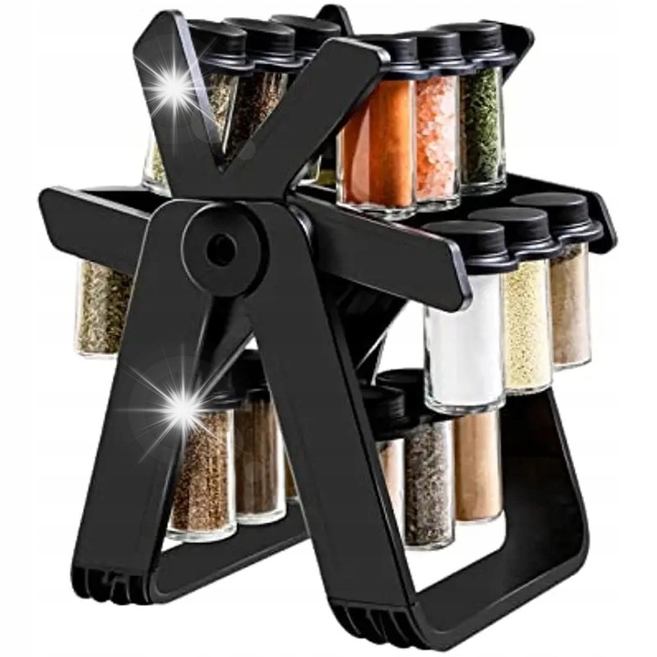 Organizator rotativ pentru condimente, 18 recipiente din sticla, negru, 26x22,5x34,5cm